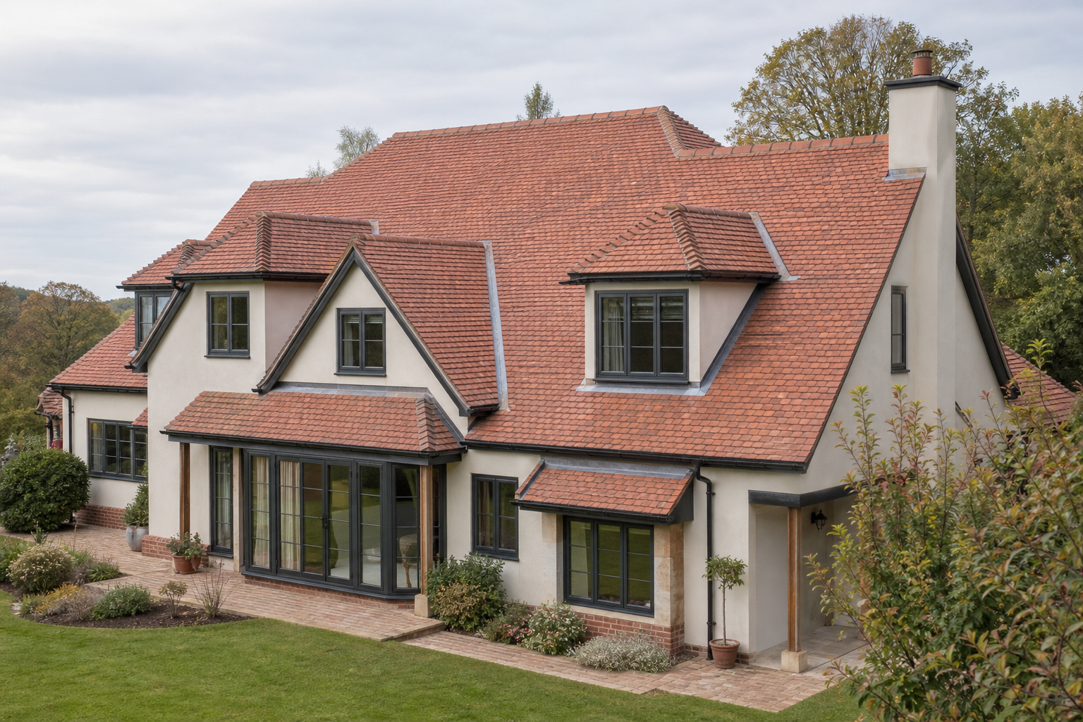 Completed clay-tile roof on a family home